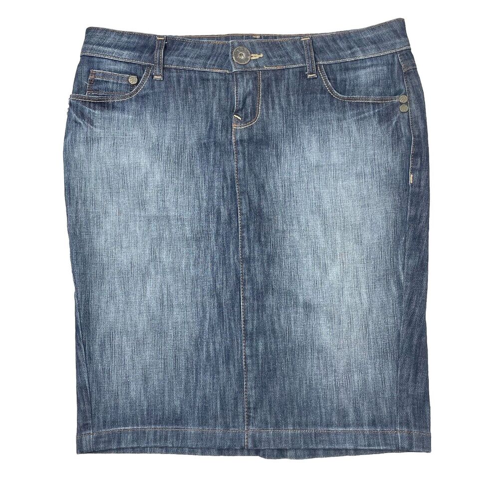 DKNY Denim Mini Skirt Sz 11 Distressed Grunge Y2K Stretch Ruched Pencil 90s‎